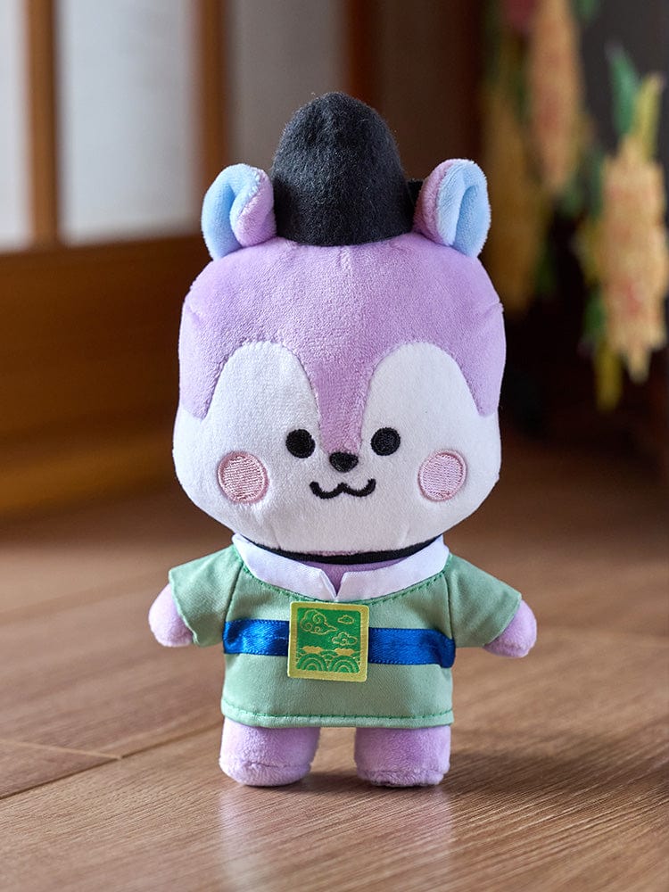 BT21 MANG BABY PLUSH DOLL K-EDITION 2 : peluche officielle sur table, personnage Mang poney danseur masqué j-hope, décor chambre