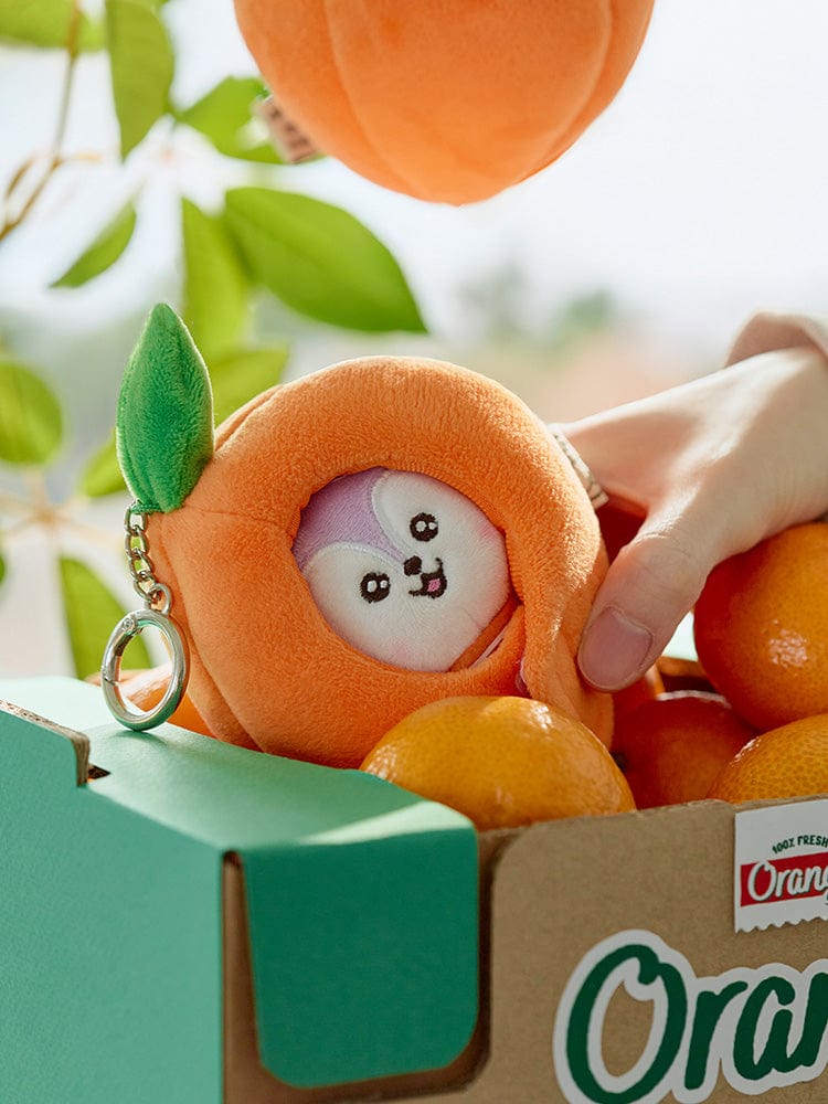 BT21 MANG BABY PLUSH KEYRING ORANGE PARTY, porte-clés peluche orange LINE FRIENDS en photo produit sur fond vert et boîte.