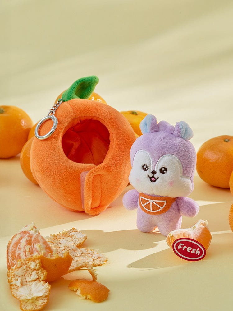 BT21 MANG BABY PLUSH KEYRING ORANGE PARTY, porte-clés officiel LINE FRIENDS en peluche orange, décor festif K-pop.