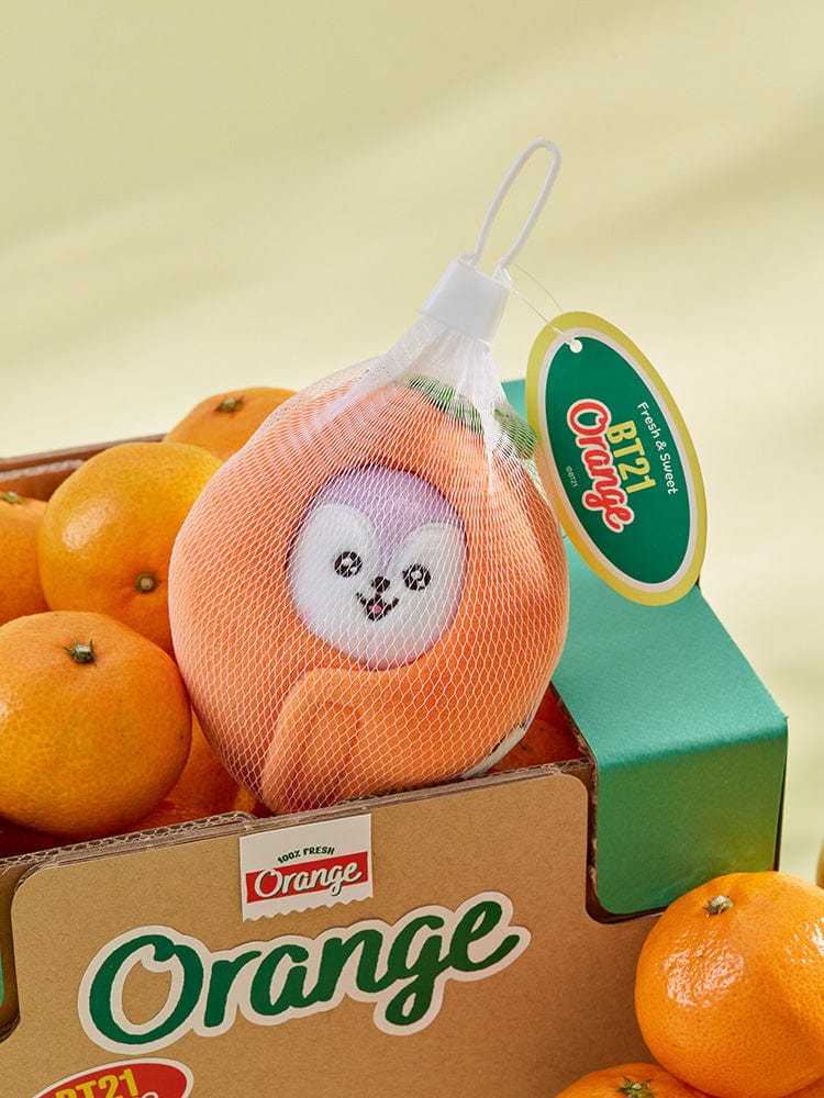 BT21 MANG BABY PLUSH KEYRING ORANGE PARTY, porte-clés officiel LINE FRIENDS, peluche Mang orange sur boîte de fruits
