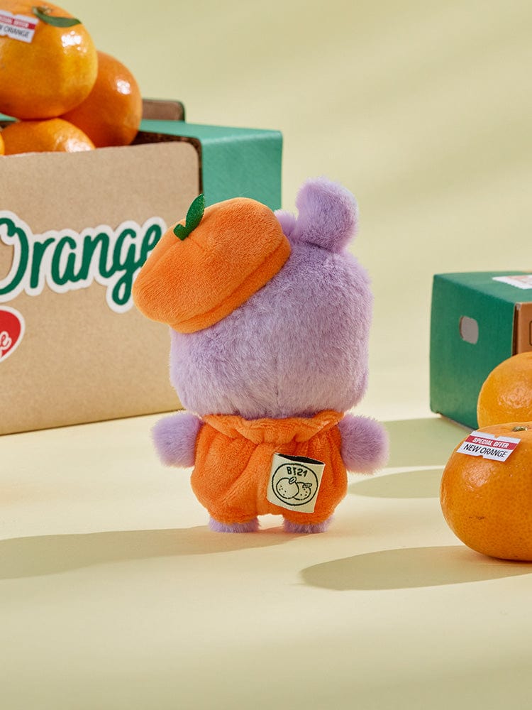 BT21 MANG BABY PLUSH ORANGE PARTY, peluche MANG orange en tenue “party”, sur fond beige avec boîtes LINE officielles.