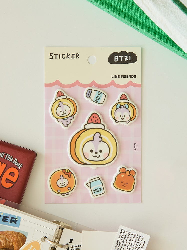 BT21 MANG BABY STICKERS BAKERY SHOP, stickers LINE FRIENDS avec poney MANG masqué, sur fond papeterie pastel