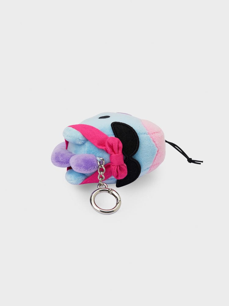 BT21 MANG BABY TRAVEL BAG CHARM : porte-clés peluche Mang de LINE FRIENDS, poney masqué, pour clés et sac à dos, fond clair.