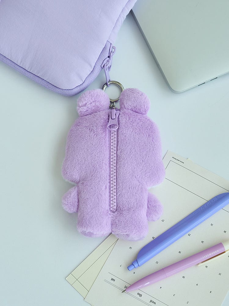 BT21 MANG BASIC FLAT POUCH LINE FRIENDS : pochette plate violette avec porte-clés, posée sur cahiers et stylos
