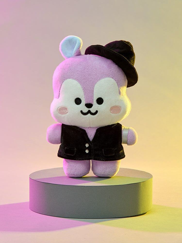 BT21 MANG Born to Dance Small Wire Doll LINE FRIENDS : petite peluche poney danseur masqué, sur socle multicolore, fond pastel