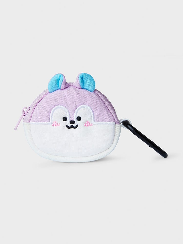 BT21 MANG MINI BAG CHARM POUCH NEW BASIC EDITION, mini pochette LINE FRIENDS violette et blanche avec pendentif MANG, fond clair.