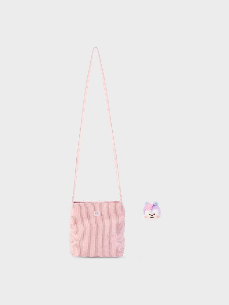 BT21 MANG MINI CORDUROY CROSSBODY BAG SPRING DAYS, sac bandoulière en velours côtelé rose avec mini poney danseur, LINE FRIENDS