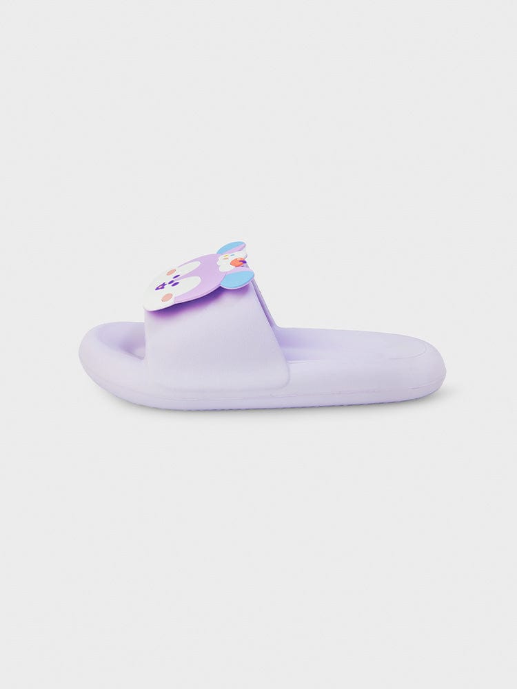 BT21 MANG SLIPPERS ON THE CLOUD EDITION : chaussons violets Mang poney masqué J-Hope, style kawaii LINE FRIENDS sur fond clair