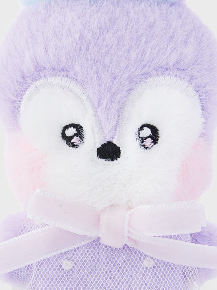 BT21 MANG mini minini DOLL RIBBON EDITION, peluche violette MANG masque, ruban blanc, gros plan pour chambre ou cadeau.
