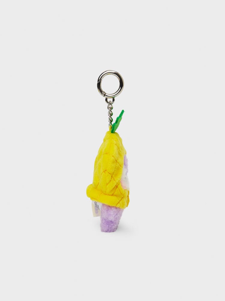 BT21 MANG mini minini FRUITS KEYRING, porte-clés officiel MANG j-hope de BTS, figurine fruit jaune et violet sur fond clair.