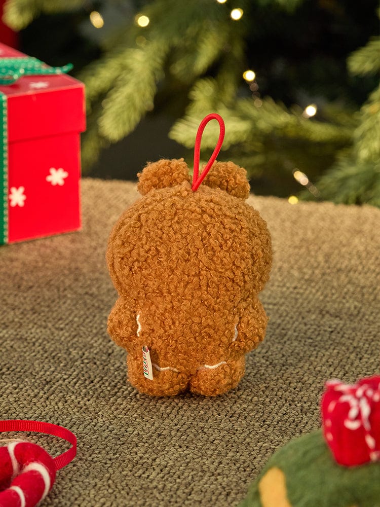 BT21 MANG mini minini ORNAMENT PLUSH KEYRING PETITE HOLIDAY : porte-clés peluche MANG, sur fond déco sapin et cadeaux
