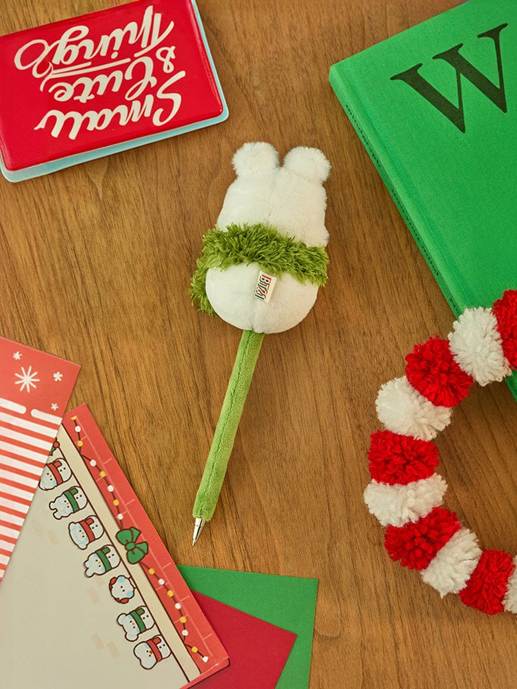 BT21 MANG mini minini SNOWMAN PLUSH GEL PEN PETITE HOLIDAY : stylo peluche bonhomme de neige sur cartes décor vacances.