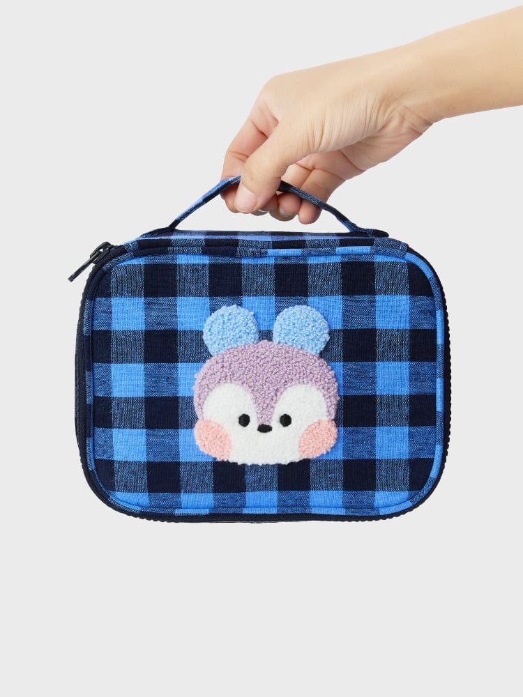 BT21 MANG minini CHECKERED POUCH BASIC : pochette à carreaux bleus avec MANG, tenue en main, style minimaliste LINE FRIENDS