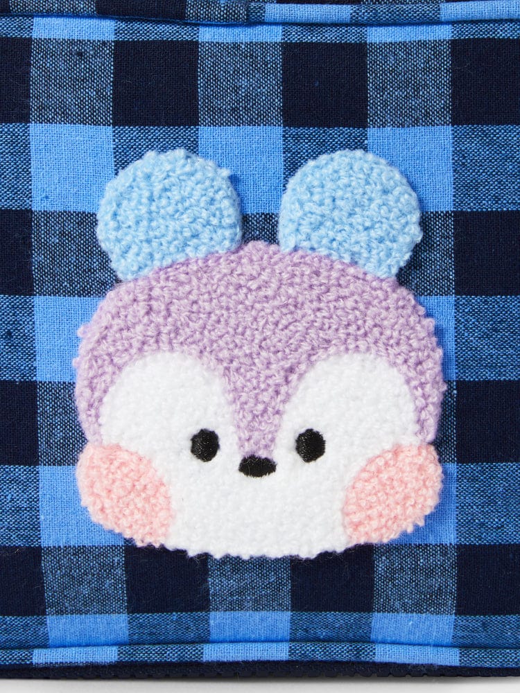 BT21 MANG minini CHECKERED POUCH BASIC : pochette à carreaux bleu, tête de MANG en peluche sur fond bleu LINE FRIENDS