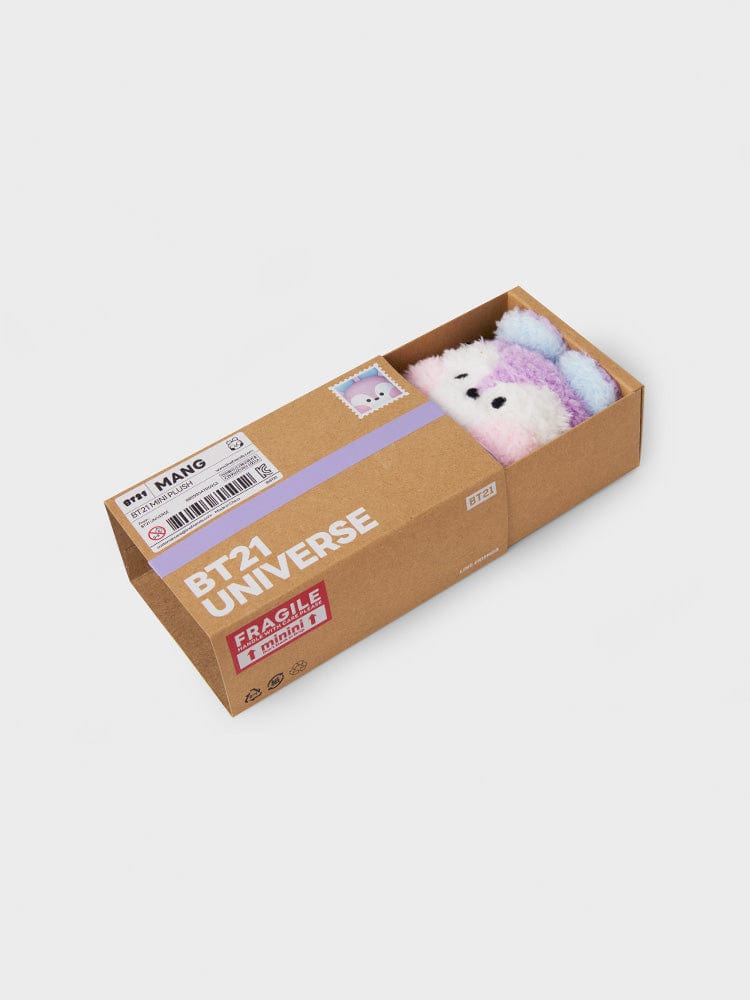 BT21 MANG minini MINI DOLL officielle, peluche poney danseur masqué de j-hope, en boîte carton sur fond clair.