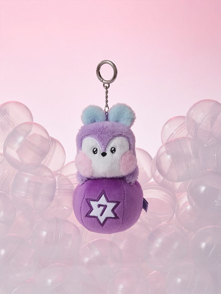 BT21 MANG minini PLUSH KEYRING LUCKY GATCHA : porte-clés peluche MANG violet avec breloque, sur fond rose, style gatcha
