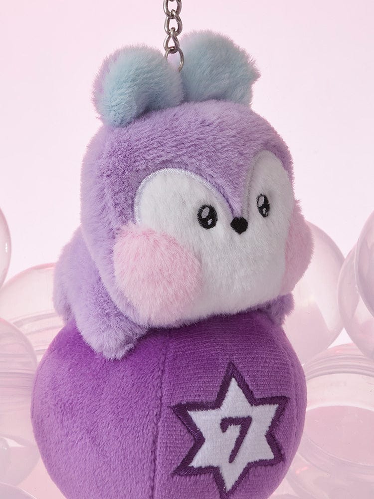 BT21 MANG minini PLUSH KEYRING LUCKY GATCHA, porte-clés peluche violet MANG, fan K-pop, en studio sur fond rose.
