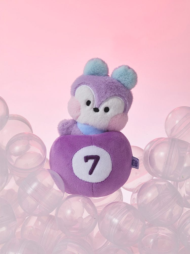 BT21 MANG minini PLUSH LUCKY GATCHA : peluche violette MANG masqué j-hope, posée parmi des bulles roses