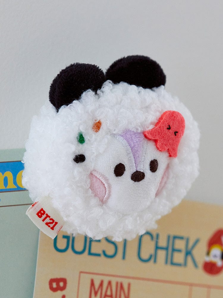 BT21 MANG minini PLUSH MAGNET BUNSIK, peluche blanche et poney masqué sur boîte, décor chambre ou cadeau BTS