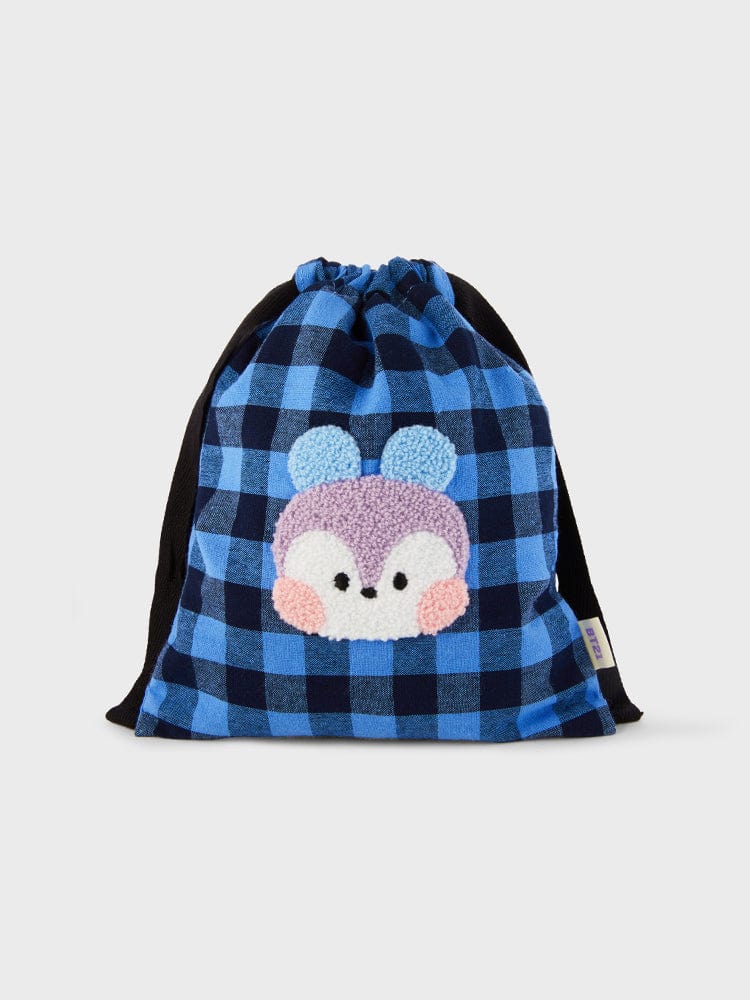 BT21 MANG minini STRING POUCH BASIC : pochette en tissu à carreaux bleus avec MANG, motif poney danseur masqué, style minimaliste.