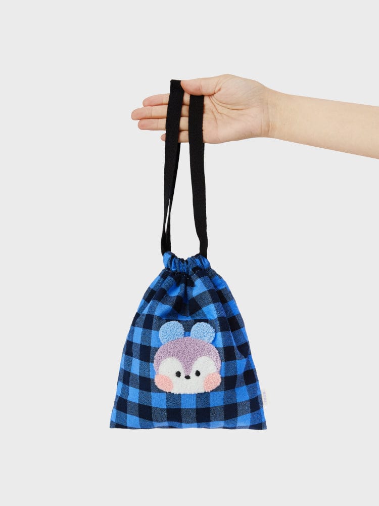 BT21 MANG minini STRING POUCH BASIC LINE FRIENDS, pochette à cordon bleu à carreaux avec MANG poney masqué