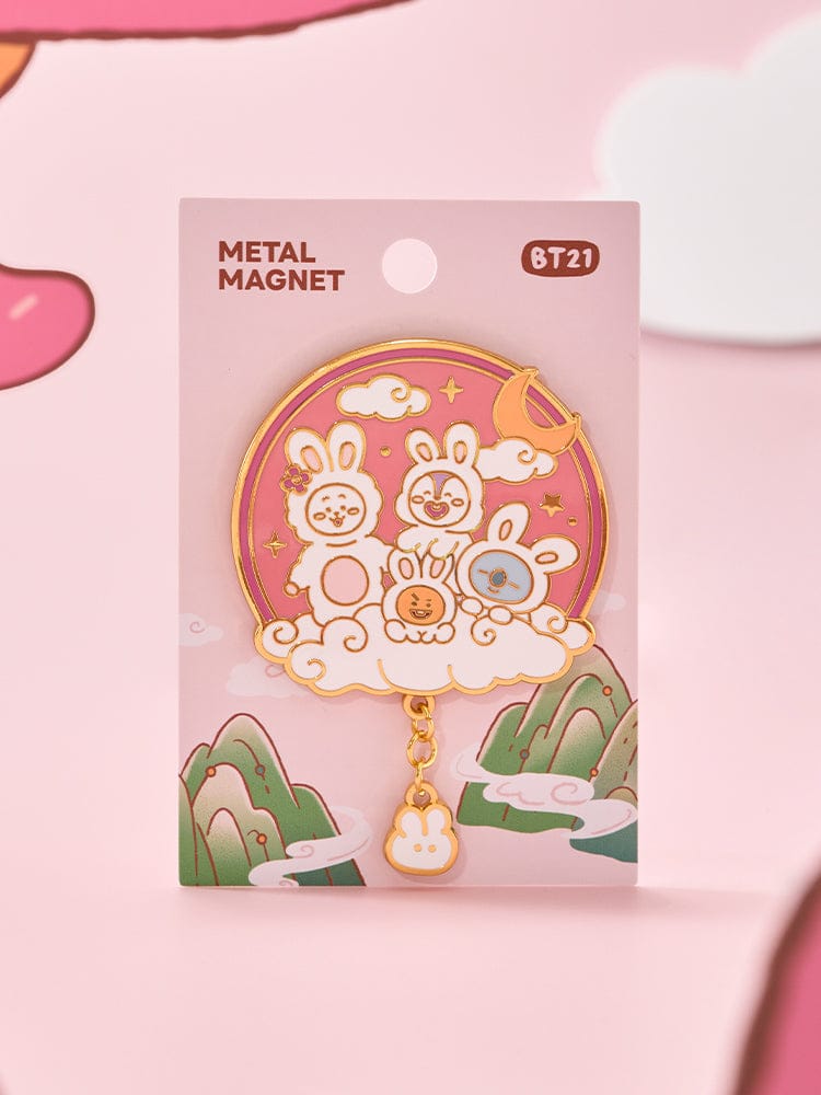 BT21 METAL MAGNET K-TOKKI : magnet métal officiel LINE FRIENDS, K-Tokki sur carte rose, papeterie bureau/école