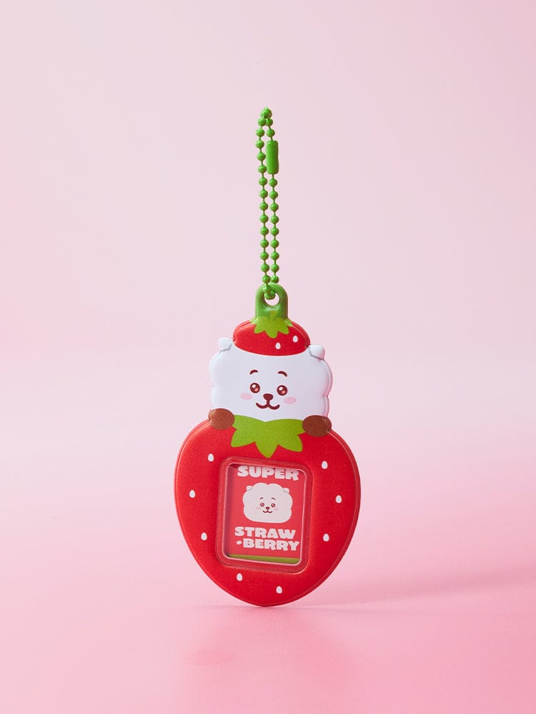 BT21 MINI PHOTO HOLDER KEYRING STRAWBERRY PARTY : porte-clés photo BT21 en forme de fraise sur fond rose