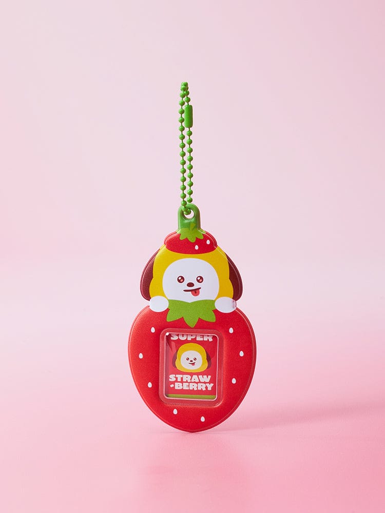 BT21 MINI PHOTO HOLDER KEYRING STRAWBERRY PARTY, porte-clés rose aux fraises avec photo, LINE FRIENDS x BTS sur fond rose.