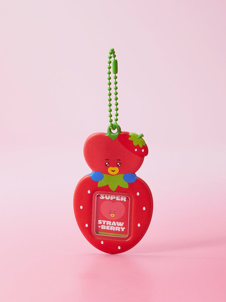 BT21 MINI PHOTO HOLDER KEYRING STRAWBERRY PARTY, porte-clés BT21 officiel sur fond rose, figurine fraise avec photo
