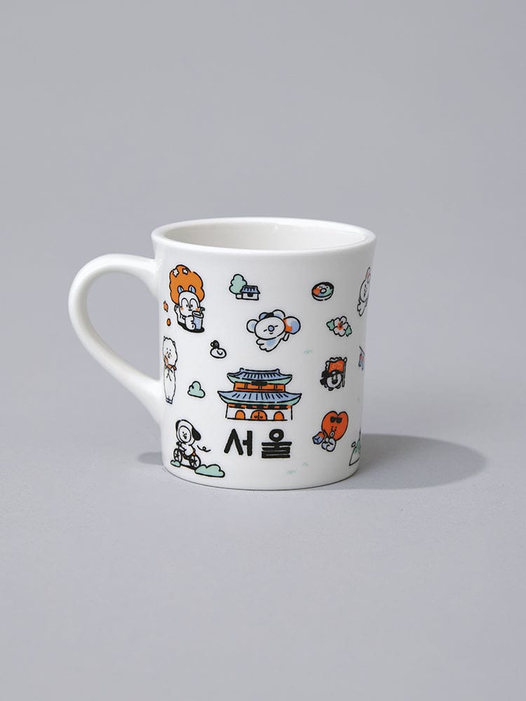 BT21 MUG CUP SEOUL EDITION (11oz) LINE FRIENDS : mug blanc kawaii avec personnages BTS et décor Seoul sur fond gris