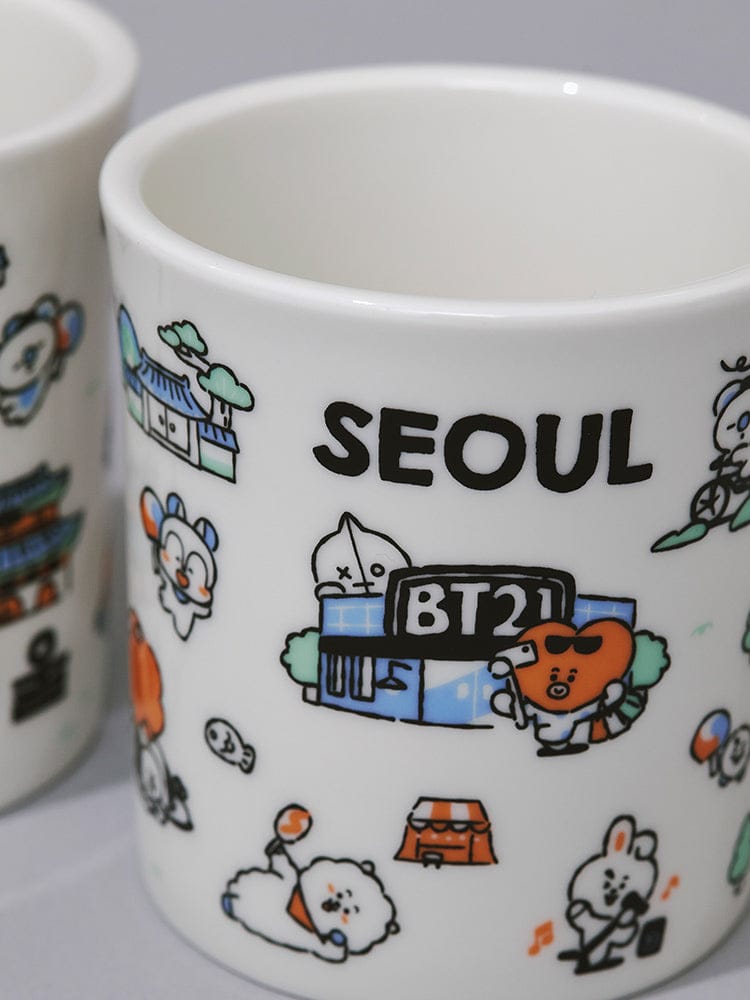 BT21 MUG CUP SEOUL EDITION (11oz) LINE FRIENDS : mug blanc décoré “SEOUL” avec personnages BT21, style kawaii.