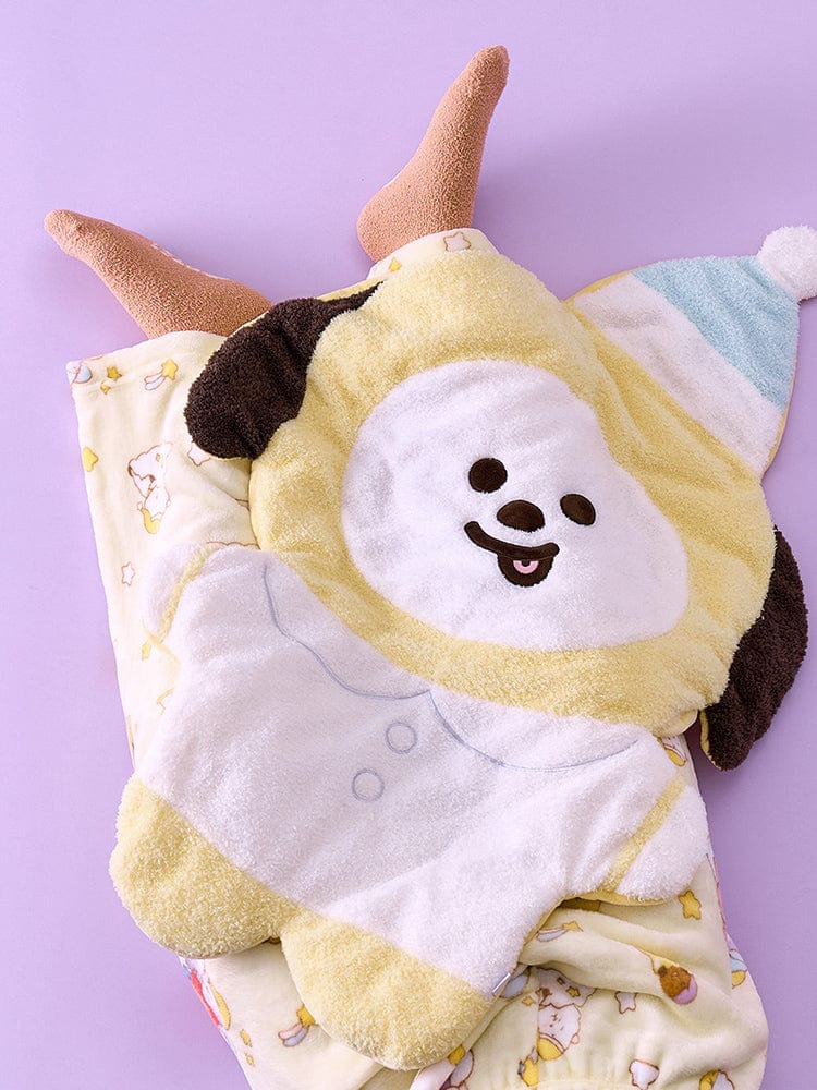 BT21 NEW BASIC CHIMMY SWEET DREAMS CHARACTER KNEE BLANKET, couverture genou officielle LINE FRIENDS, Chimmi kawaii sur fond violet.