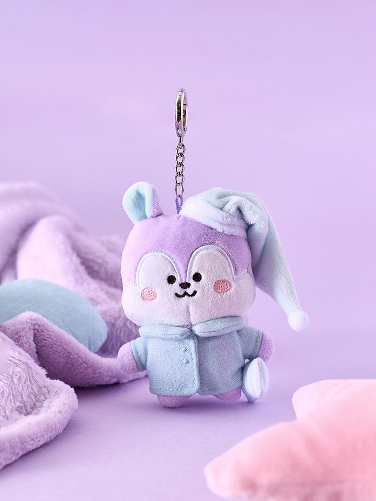 BT21 NEW BASIC MANG PAJAMA PLUSH KEY RING, porte-clés plush MANG en pyjama sur fond violet, officiel LINE FRIENDS.