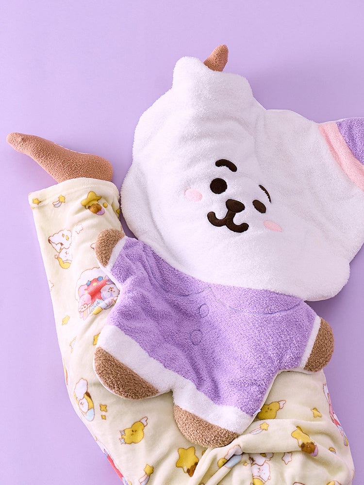 BT21 NEW BASIC RJ SWEET DREAMS CHARACTER KNEE BLANKET : plaid officiel LINE FRIENDS avec RJ sur fond violet, style kawaii
