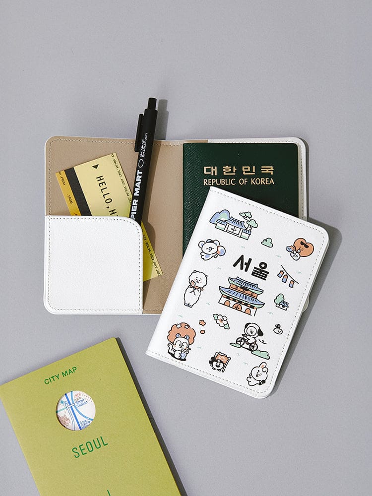 BT21 PASSPORT COVER SEOUL EDITION LINE FRIENDS : couverture passeport blanche avec dessins K-pop sur passeports et billets