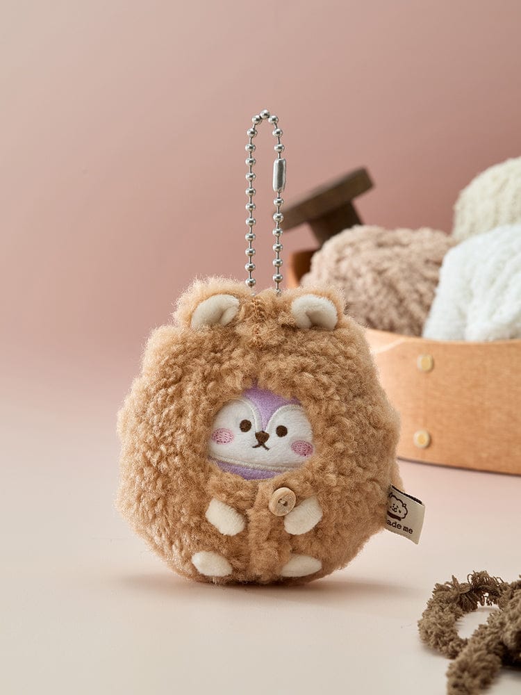 BT21 PLUSH KEYRING MADE BY RJ, porte-clés peluche RJ alpaga, sur fond rose, accessoire officiel LINE FRIENDS