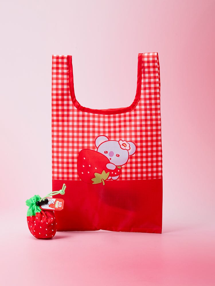 BT21 POUCH MARKET BAG STRAWBERRY PARTY : pochette marché rouge à carreaux avec motif Mangée, style frais, sac officiel LINE FRIENDS