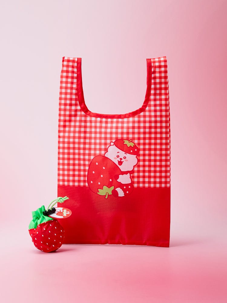BT21 POUCH MARKET BAG STRAWBERRY PARTY : pochette marché rouge à carreaux et fraises, LINE FRIENDS, style party.