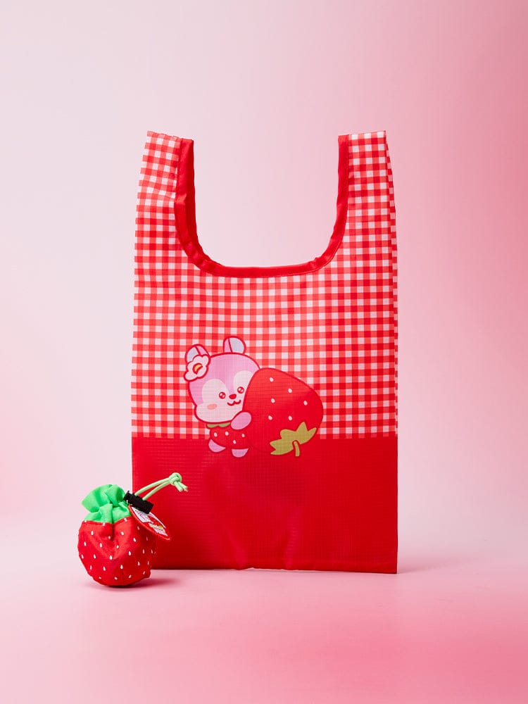 BT21 POUCH MARKET BAG STRAWBERRY PARTY : pochette marché à carreaux rouges et fraise, design LINE FRIENDS sur fond rose