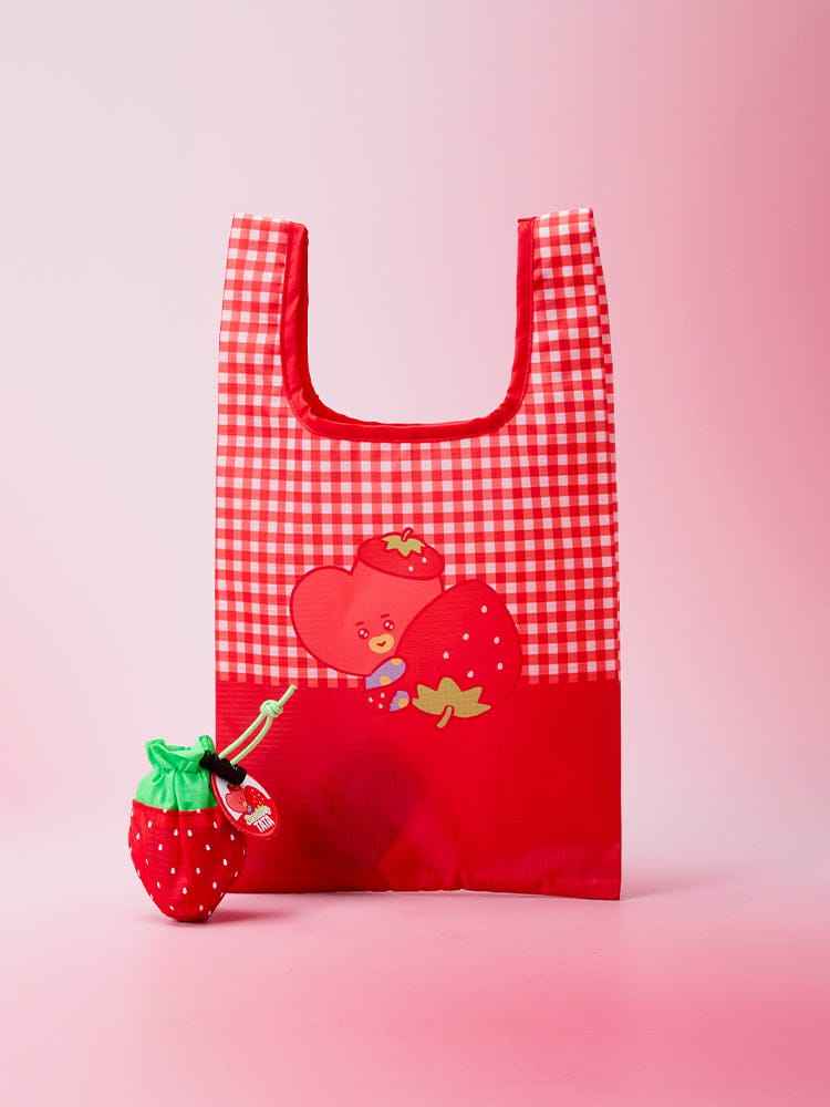 BT21 POUCH MARKET BAG STRAWBERRY PARTY sac pochettes à motif fraises, style vichy rouge, personnages BT21 sur fond rose.
