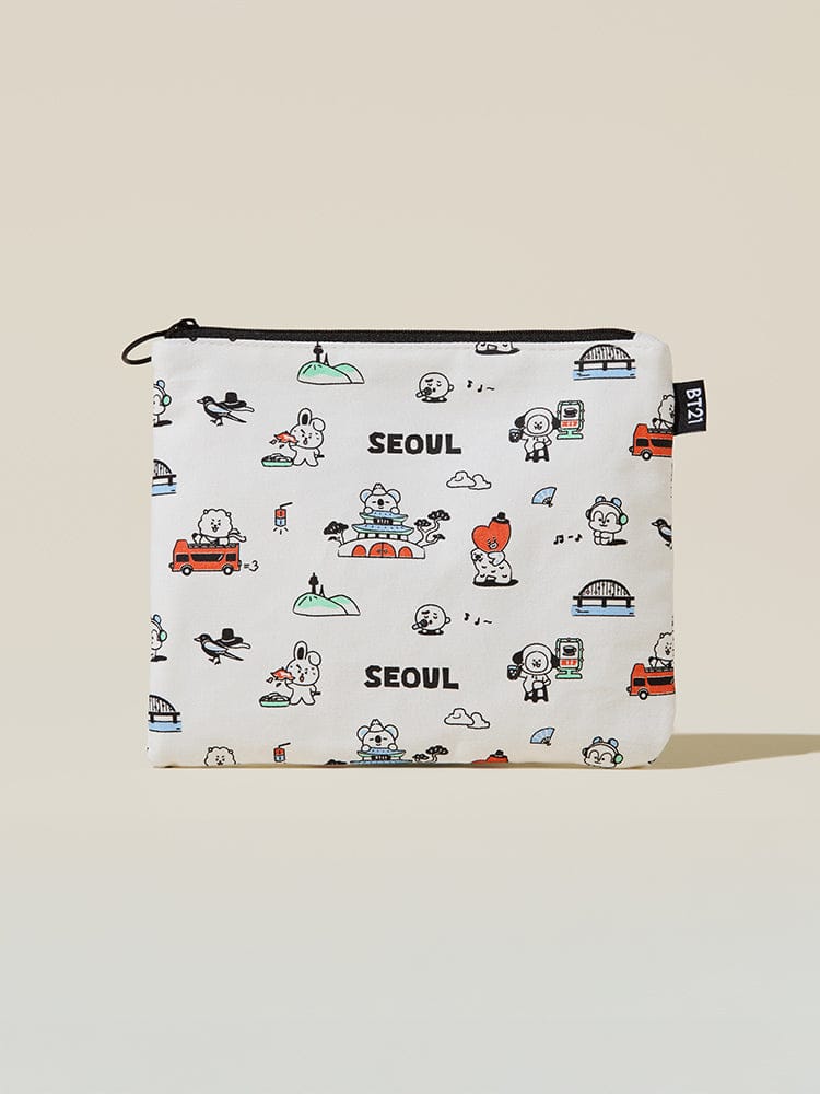 BT21 POUCH SEOUL EDITION LINE FRIENDS : pochette blanche avec personnages BT21 et décor « SEOUl »