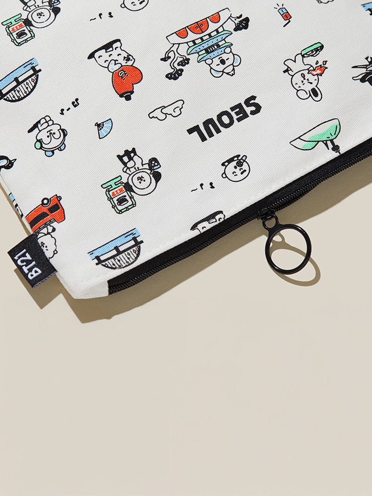 BT21 POUCH SEOUL EDITION, pochette LINE FRIENDS avec motifs personnages BT21 sur tissu blanc, fermeture éclair noire