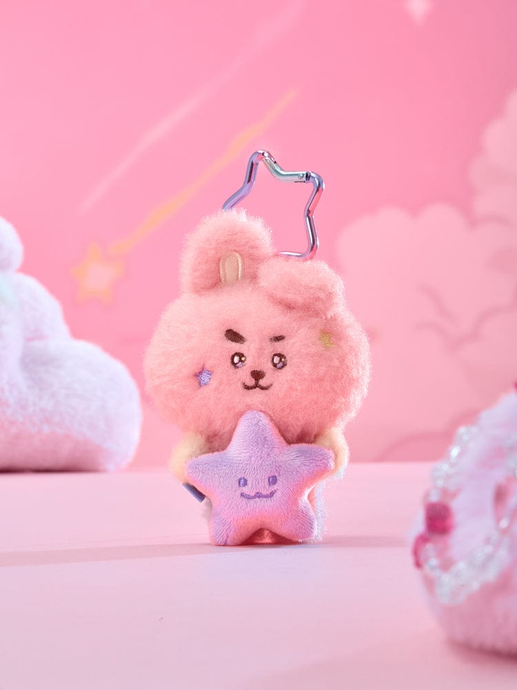 BT21 PURPLE STAR PLUSH KEYRING THE JOURNEY, porte-clés officiel en peluche violette sur décor rose, LINE FRIENDS