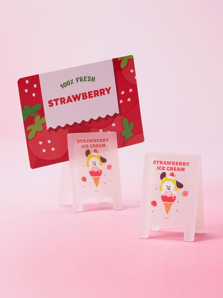BT21 RANDOM ACRYLIC MULTI-CLIP STRAWBERRY PARTY (1P) LINE FRIENDS : clips acryliques fraise sur fond rose, papeterie BT21 officielle.