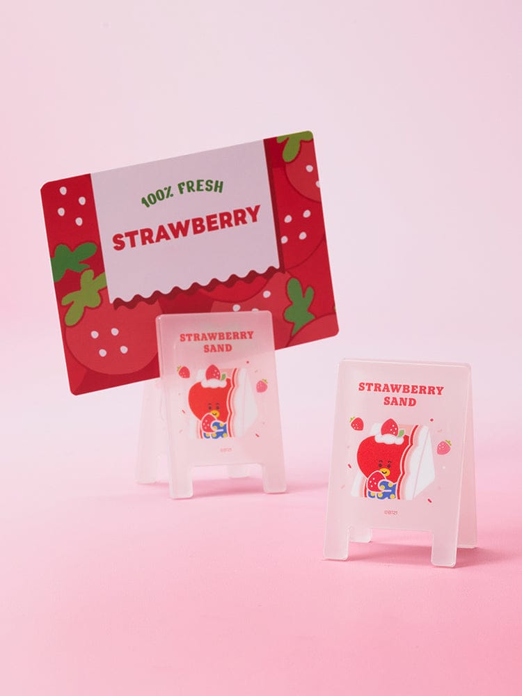 BT21 RANDOM ACRYLIC MULTI-CLIP STRAWBERRY PARTY (1P) de LINE FRIENDS : clips acryliques fraise sur fond rose, papeterie BT21.