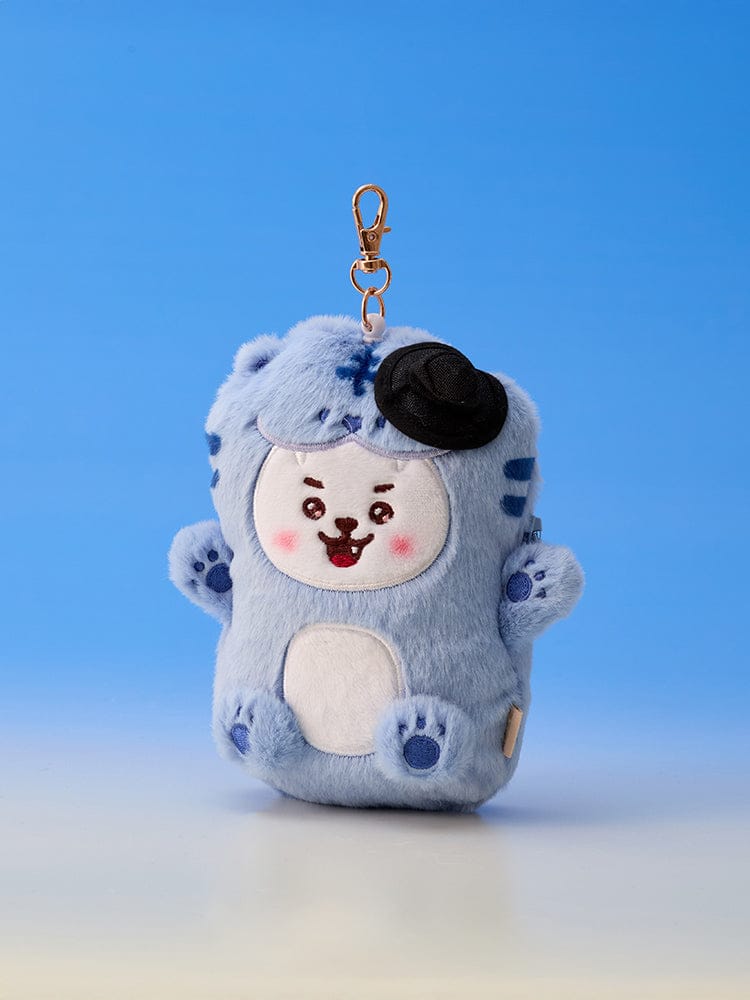 BT21 REEL PASS CASE K-HORANG LINE FRIENDS, porte-passe avec peluche bleu sur fond bleu, accessoire officiel BTS/LINE FRIENDS