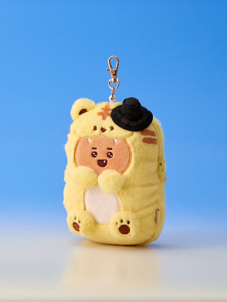 BT21 REEL PASS CASE K-HORANG LINE FRIENDS, étui peluche avec porte-carte, figurine K-HORANG sur fond bleu
