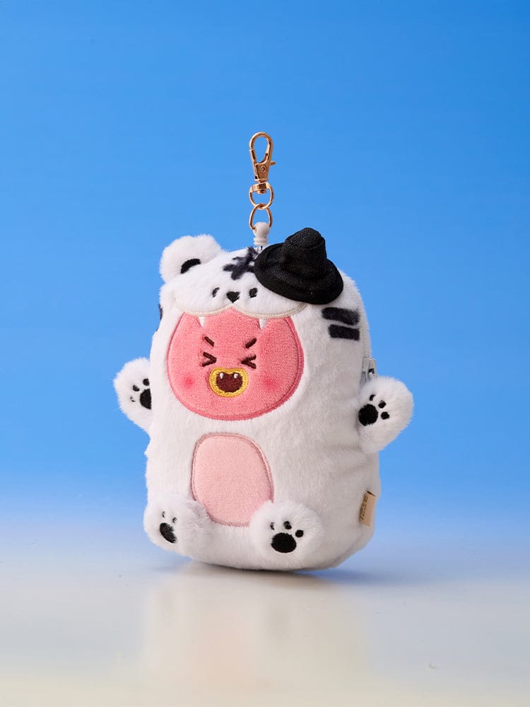 BT21 REEL PASS CASE K-HORANG par LINE FRIENDS, porte-accessoires peluche K-Horang sur fond bleu, officiel BTS x LINE FRIENDS