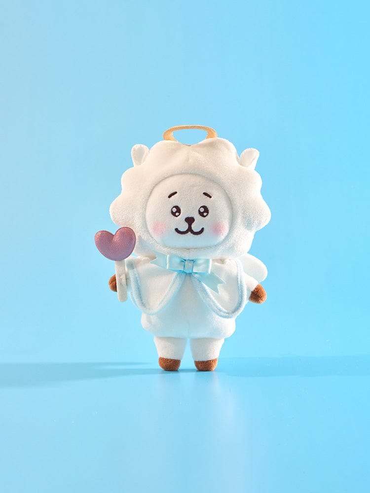 BT21 RJ ANGEL PLUSH ANGEL & VILLAIN peluche officielle LINE FRIENDS, RJ alpaga en ange sur fond bleu ciel
