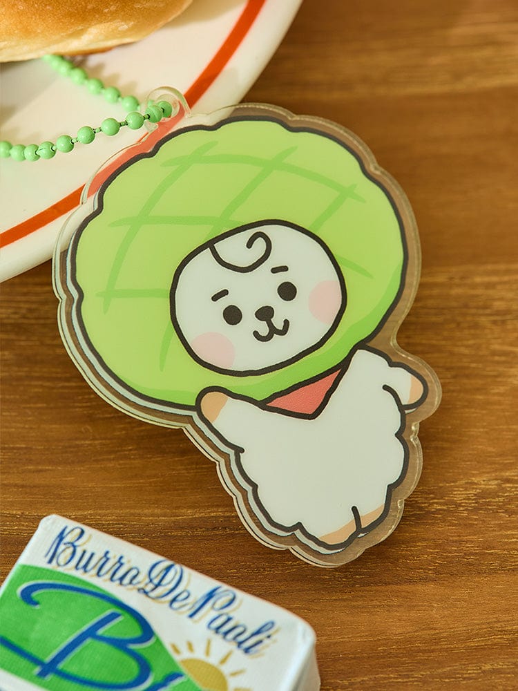 BT21 RJ BABY ACRYLIC KEYRING BAKERY SHOP : porte-clés acrylique RJ alpaga sur table en boulangerie, LINE FRIENDS.